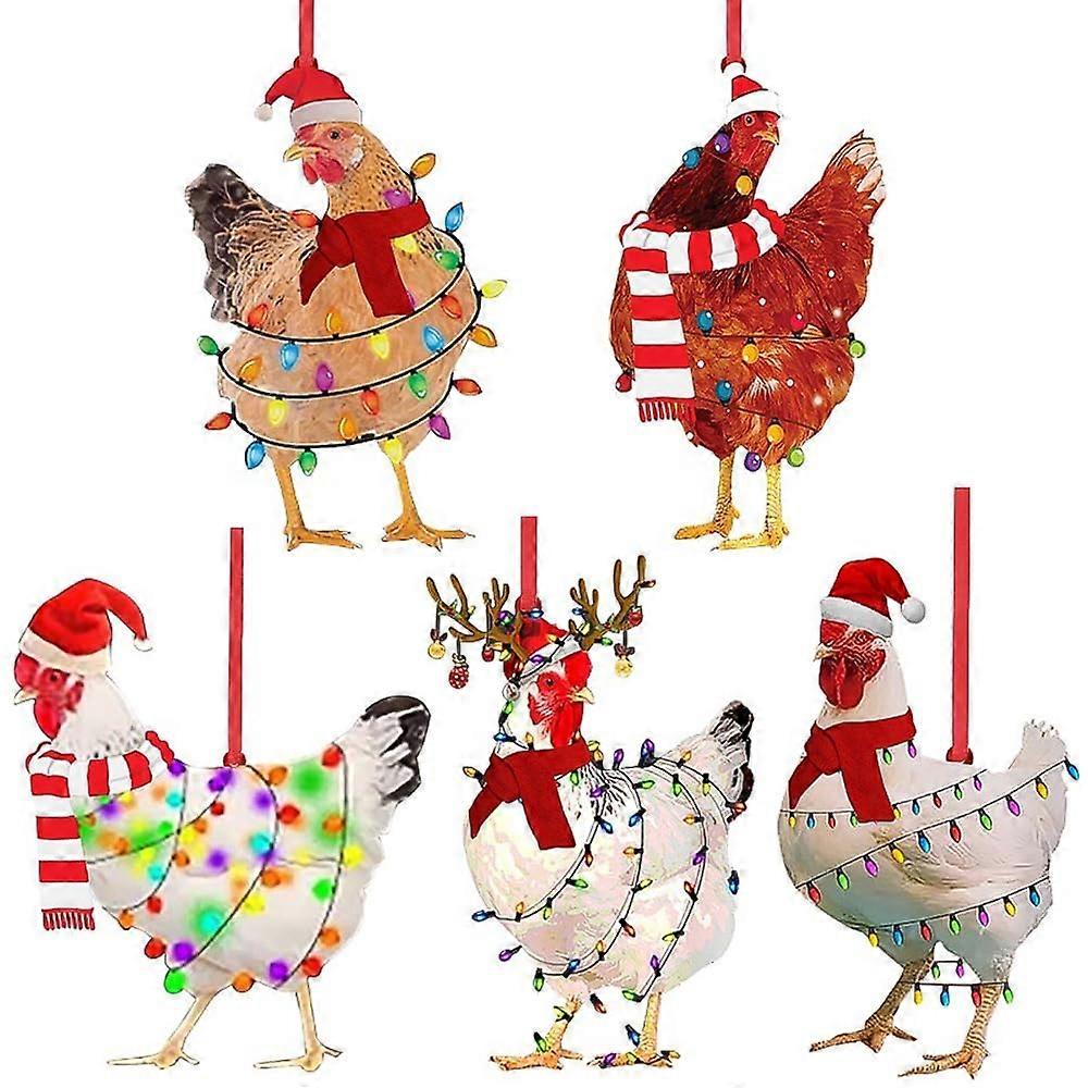 Chicken Christmas Tree Decorations, Pack of 5 Pendants with Scarf