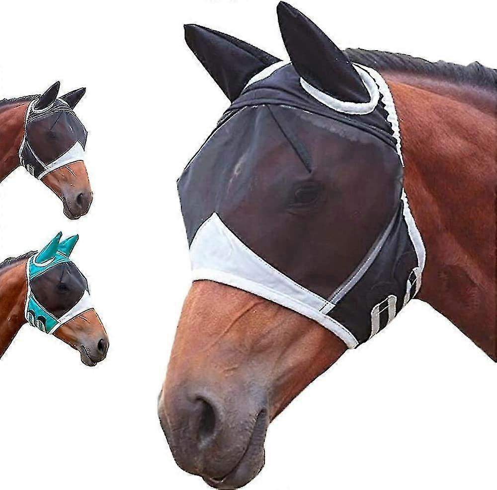 Horse Fly Mask Uv Protection Horse Fly Mask With Ears Net/forelock Hole/reflective Trim Stretchy Fly Mask For Horse Breathable Fine Mesh/eye Dart/hook