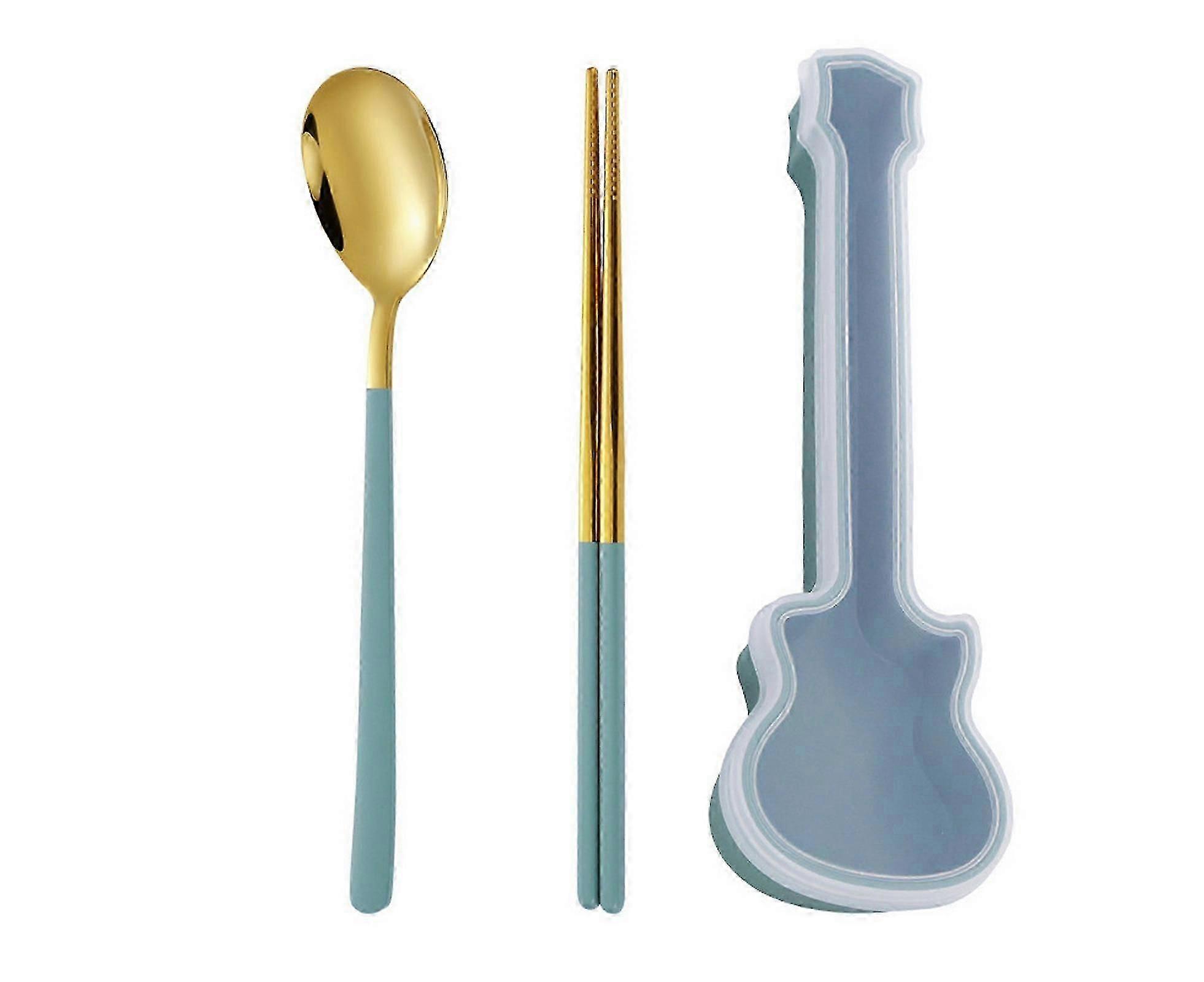 1 Set Useful Metal Chopsticks Portable Spoon Chopsticks - Green B
