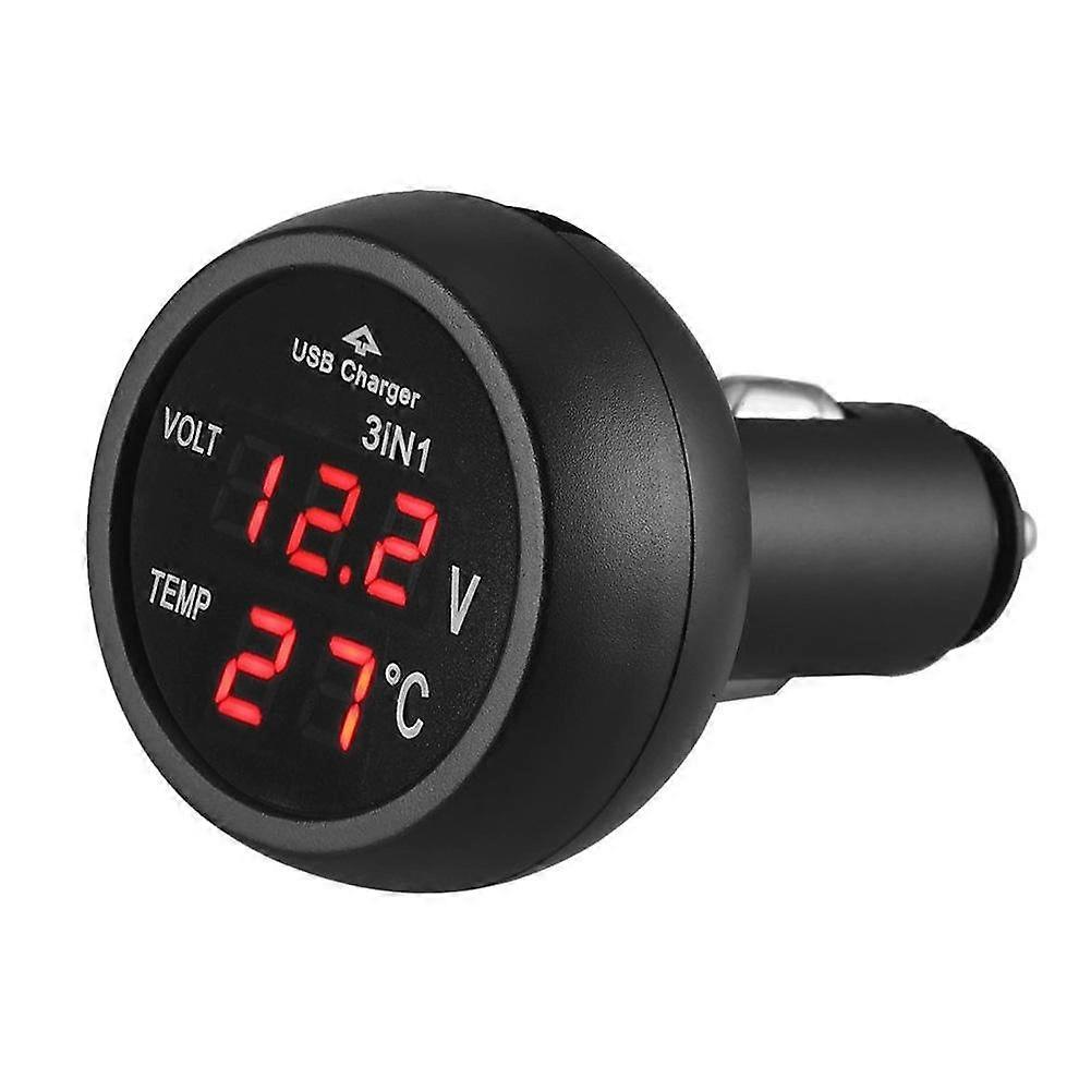 LED Digital Car Cigarette Lighter Voltmeter Thermometer for 12V/24V Vehicles, Dual Display, Compact Design, Accurate Readings