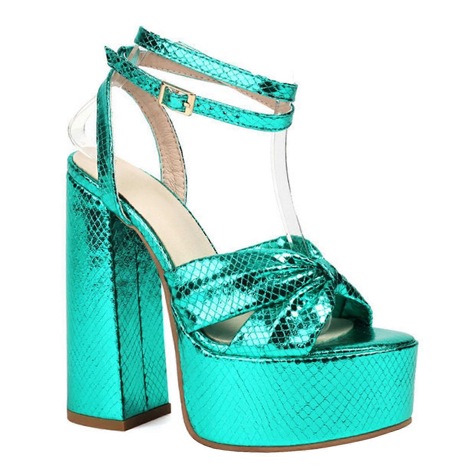 High Heels Women's Green Platform Sandals Peep Toe Ankle Strap Block Heel Pumps Size 40 for Evening Dresses