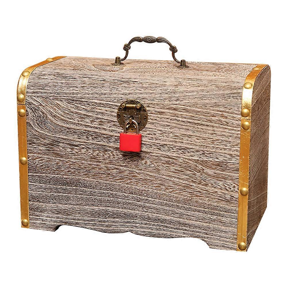 Retro Wooden Treasure Box with Lock and Handle for Holding Coins Cash Jewelry in Light Brown Color Extra Large Size
