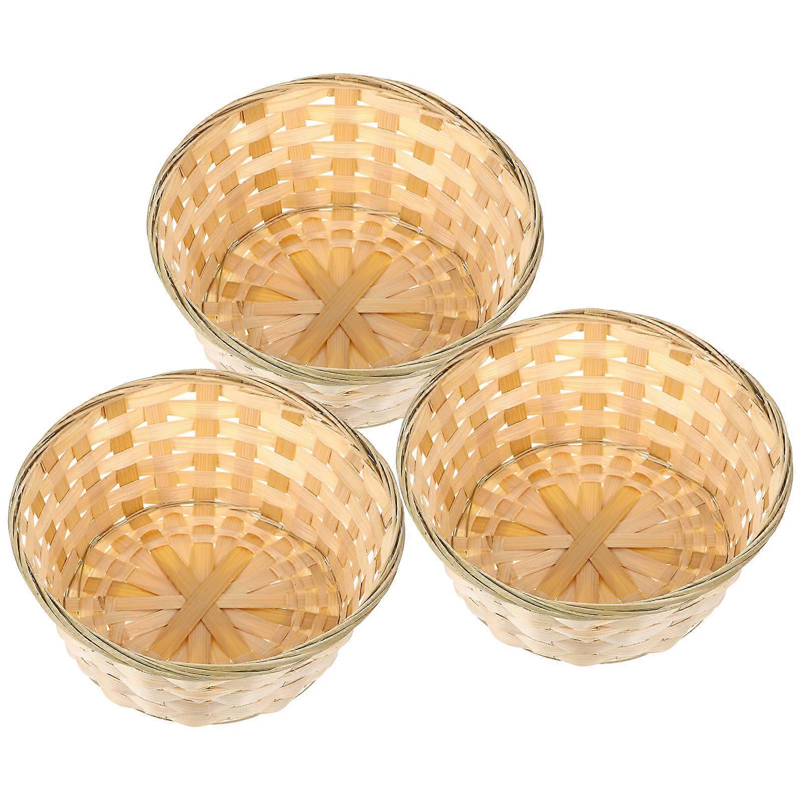 Handmade Bamboo Woven Products 3Pack Lightweight Round Baskets Useful For Food Presentation With Light Yellow Color