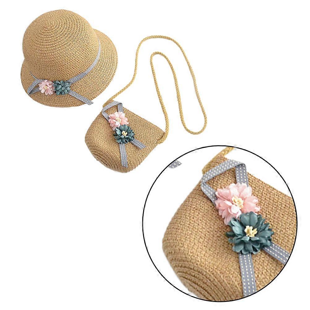 Adorable Kids Straw Hat and Crossbody Bag Set for Beach in Khaki Color Size 1 Set