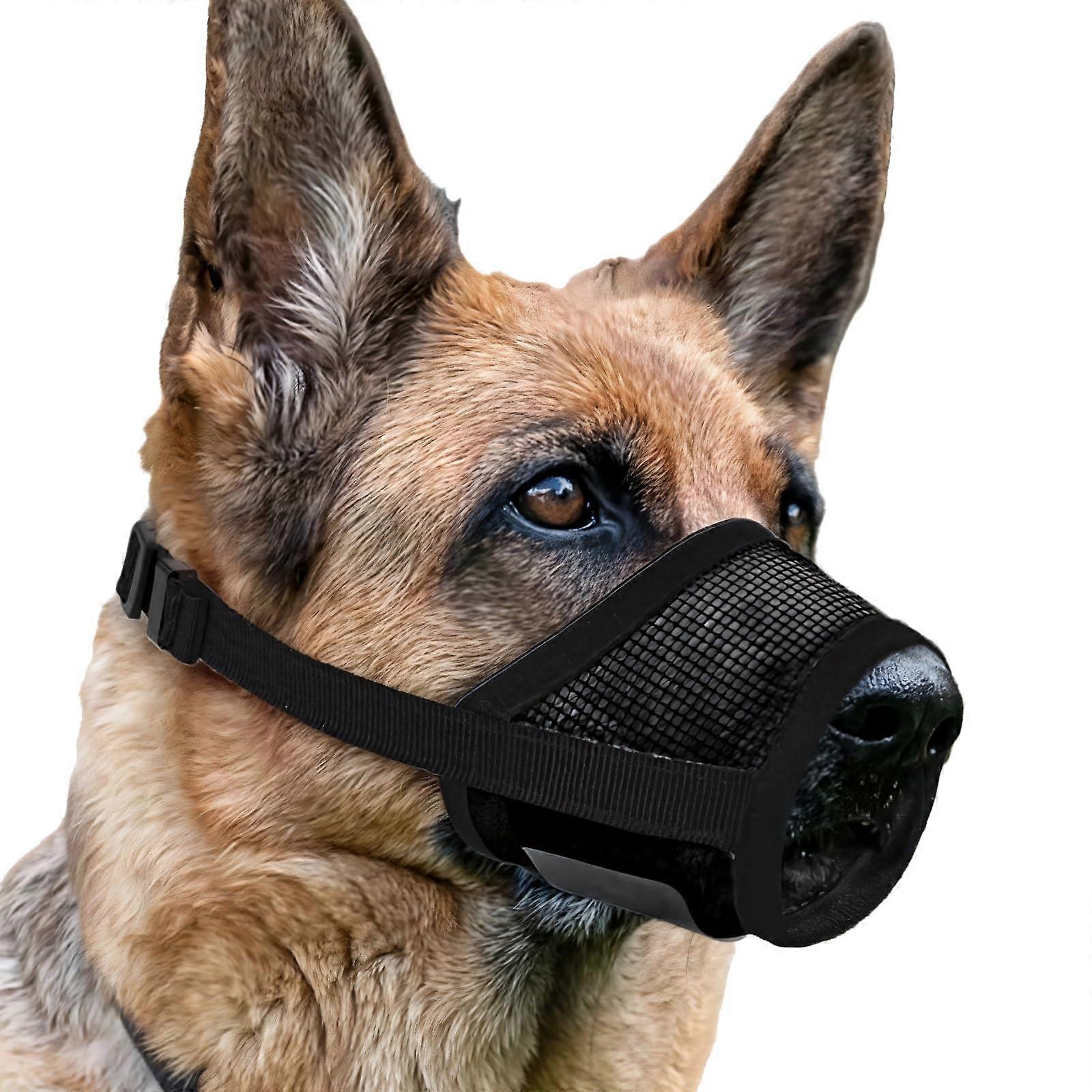 XL dog muzzle, adjustable polyester mesh, prevents biting, black, fits snouts 2228 cm, secure strap for large dogs.