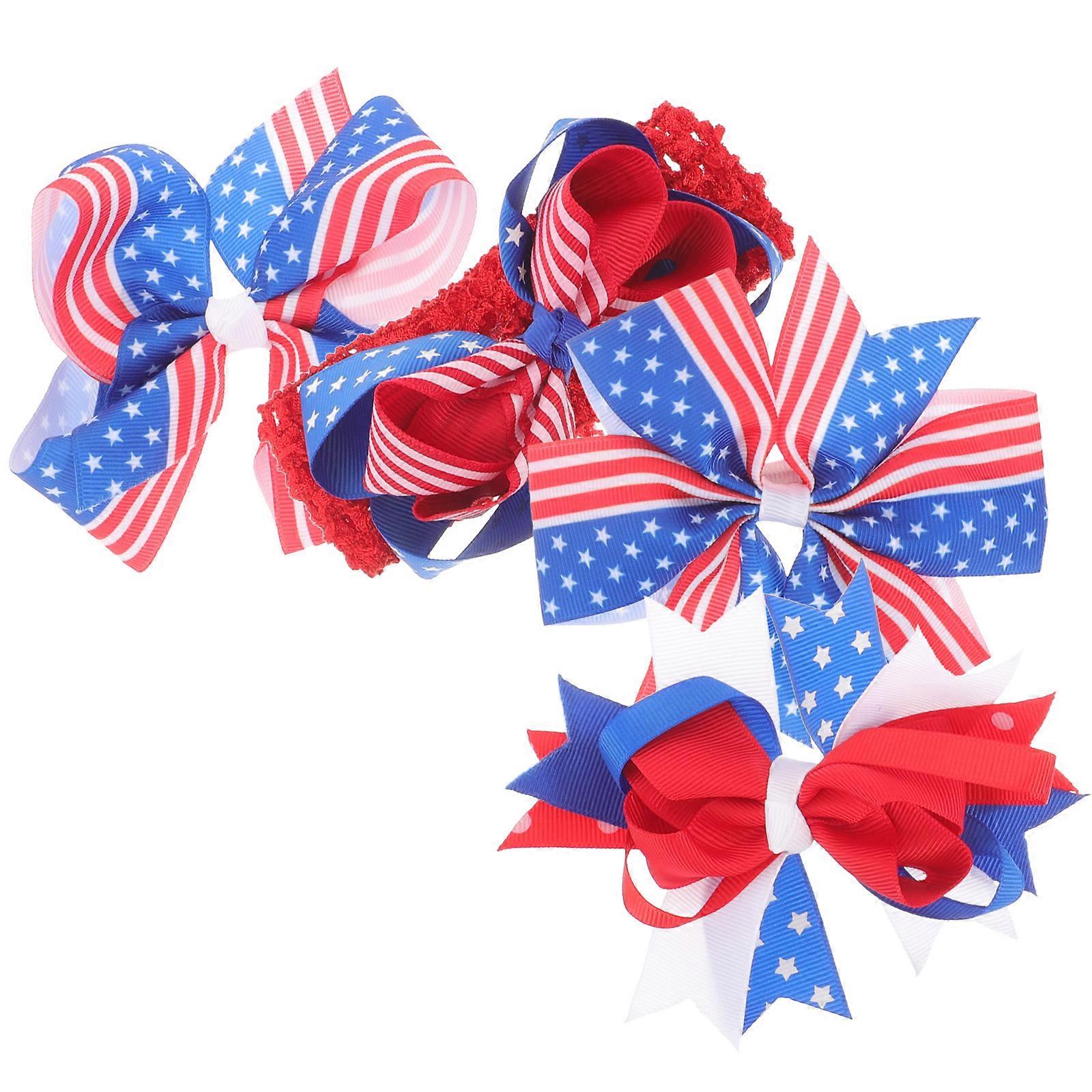 Independence Day Hair Clips with Bowknot Design for Kids Assorted Color Polyester Alloy 4 Pieces
