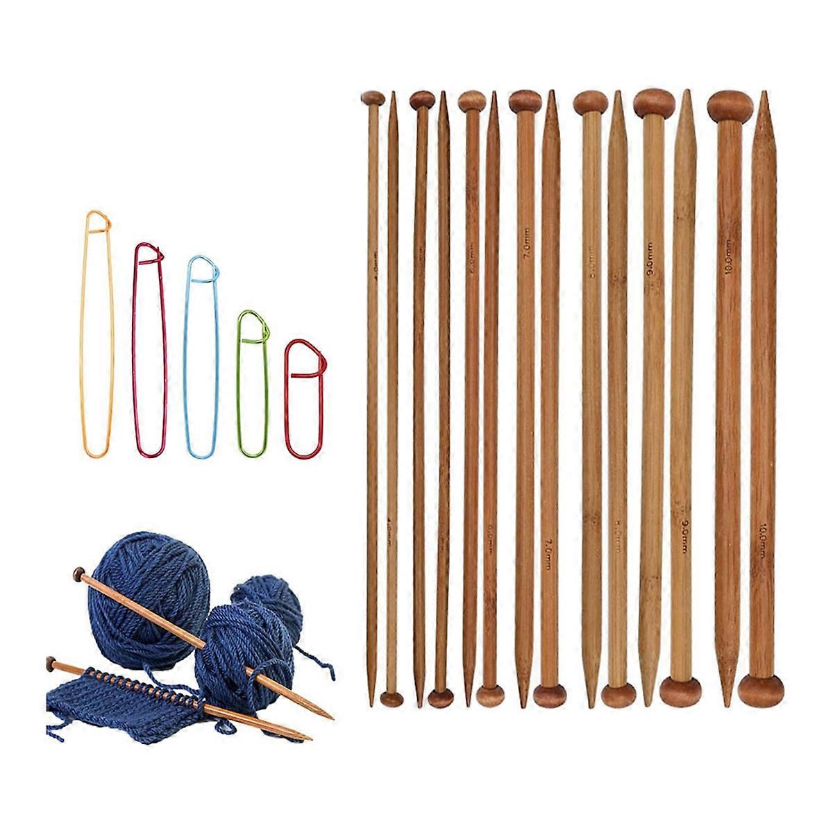 7 Pairs Bamboo Knitting Needle Set, Bamboo Natural, Long Wooden Knitting Needles, Single Point Straight Wood Needles
