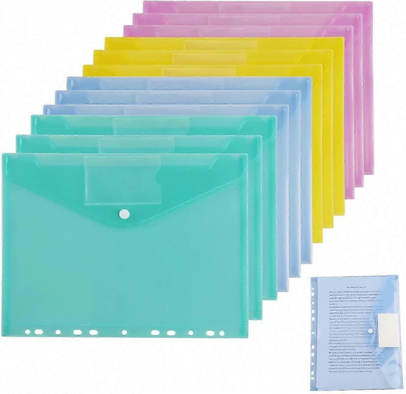 12 A4 Plastic Pockets - Transparent Perforated Bags with Buttons, 6 Colors Plastic Folders for Documents