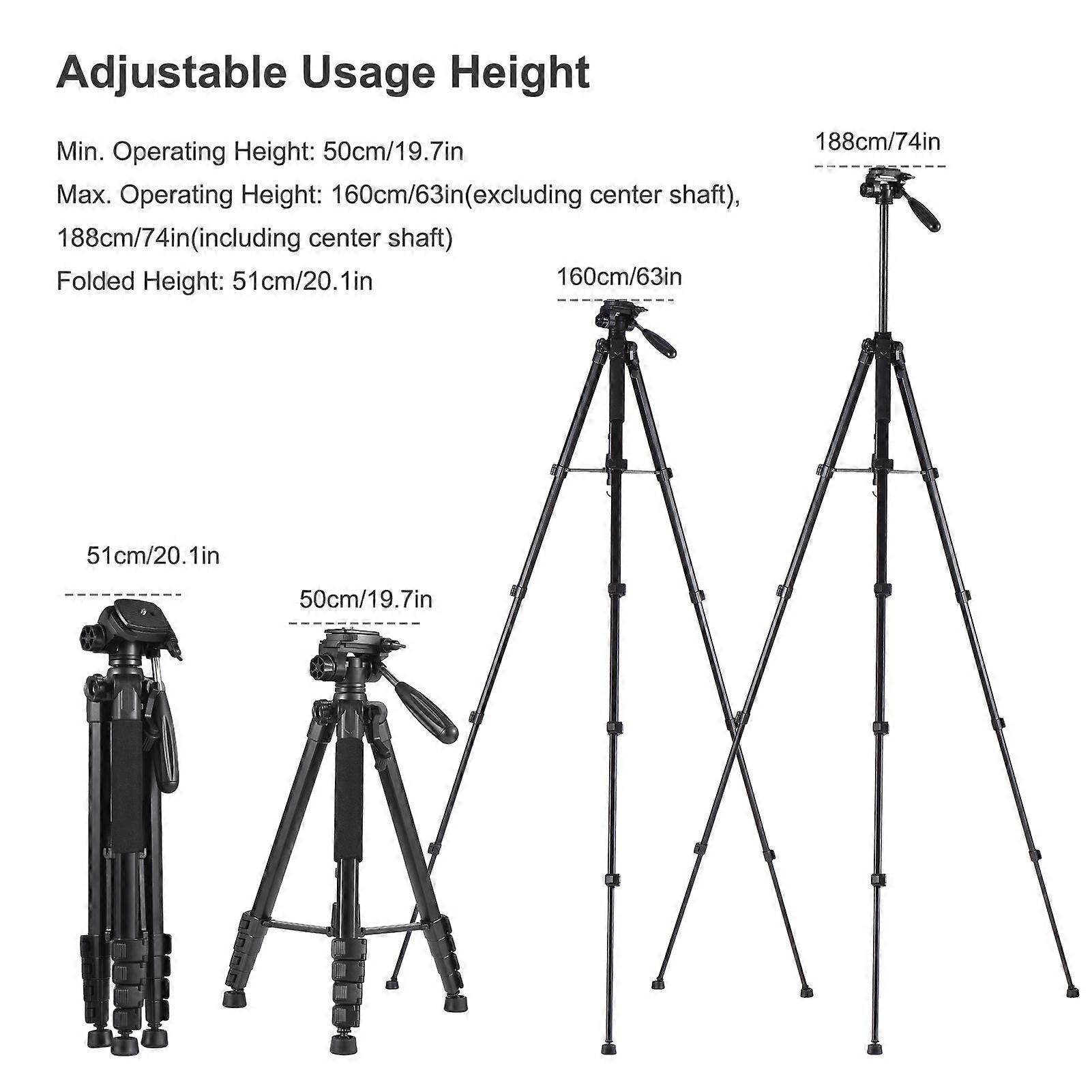 Andoer 1.88M/74in Photography Tripod Camera Tripod Stand Aluminum Alloy 360 Rotatable 5kg/11lbs Load Capacity 1/4 Inch Screw Connection with Phone Cli