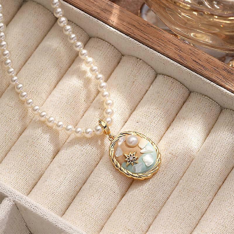 Antique Oil Painting Necklace Women's Color-free Niche All-match Special Round Imitation Pearl Chain Clavicle Chain-NL05368N