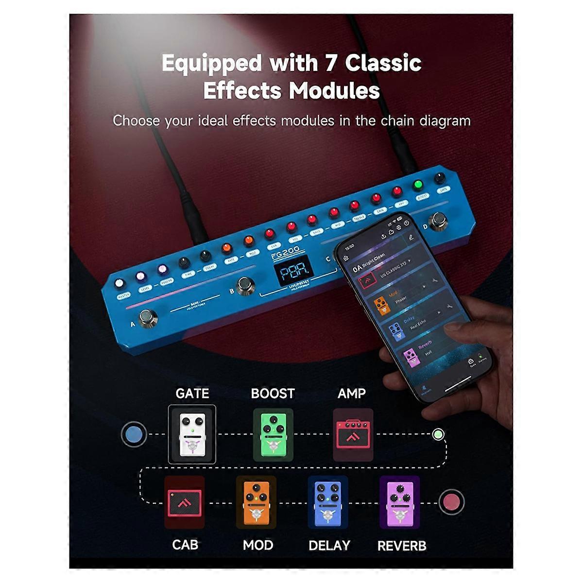 FG200 Intelligent Multi-Effects Guitar Pedal with 52 AMP Models 5 BOOST Models 40 Rhythm Styles Sup