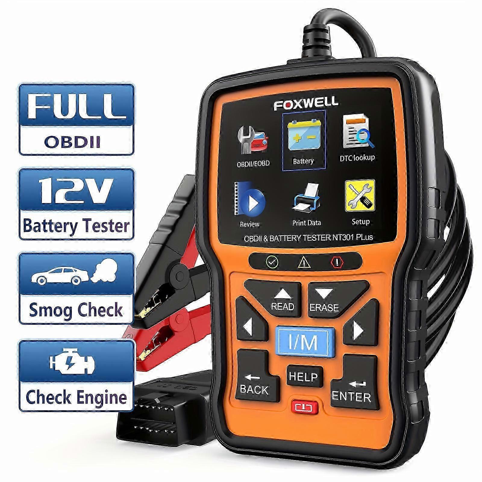 Foxwell Nt301 Plus Obd2 Scanner Battery Tester 12v, 4 In1 Obd Scanner Diagnostic Tool 100-2000 Cca Battery Cold Cranking Charging System Tester Check