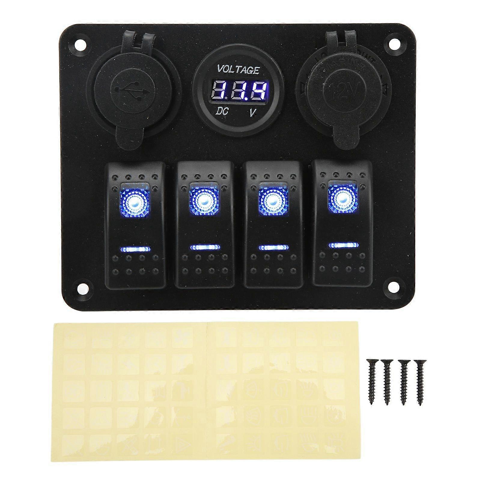 4 Gang Rocker Switch Panel with USB Cigarette Lighter Socket Toggle ON Off Combination Switch Panel for RV Boat Yacht Bus