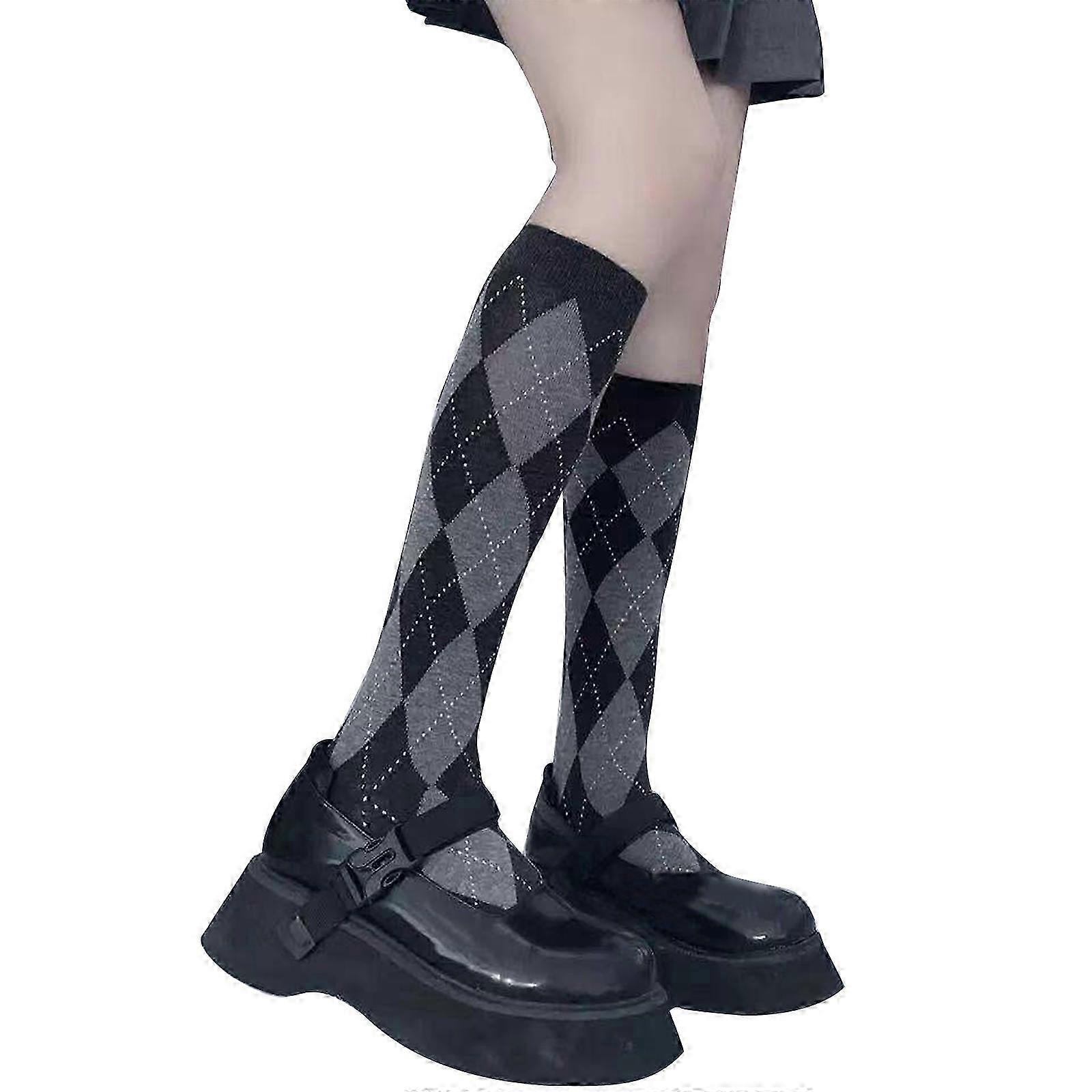 Japanese School Style Over-the-Knee Socks Size 35-40 Cotton Material Multi-color Argyle Pattern Mid-Calf Socks