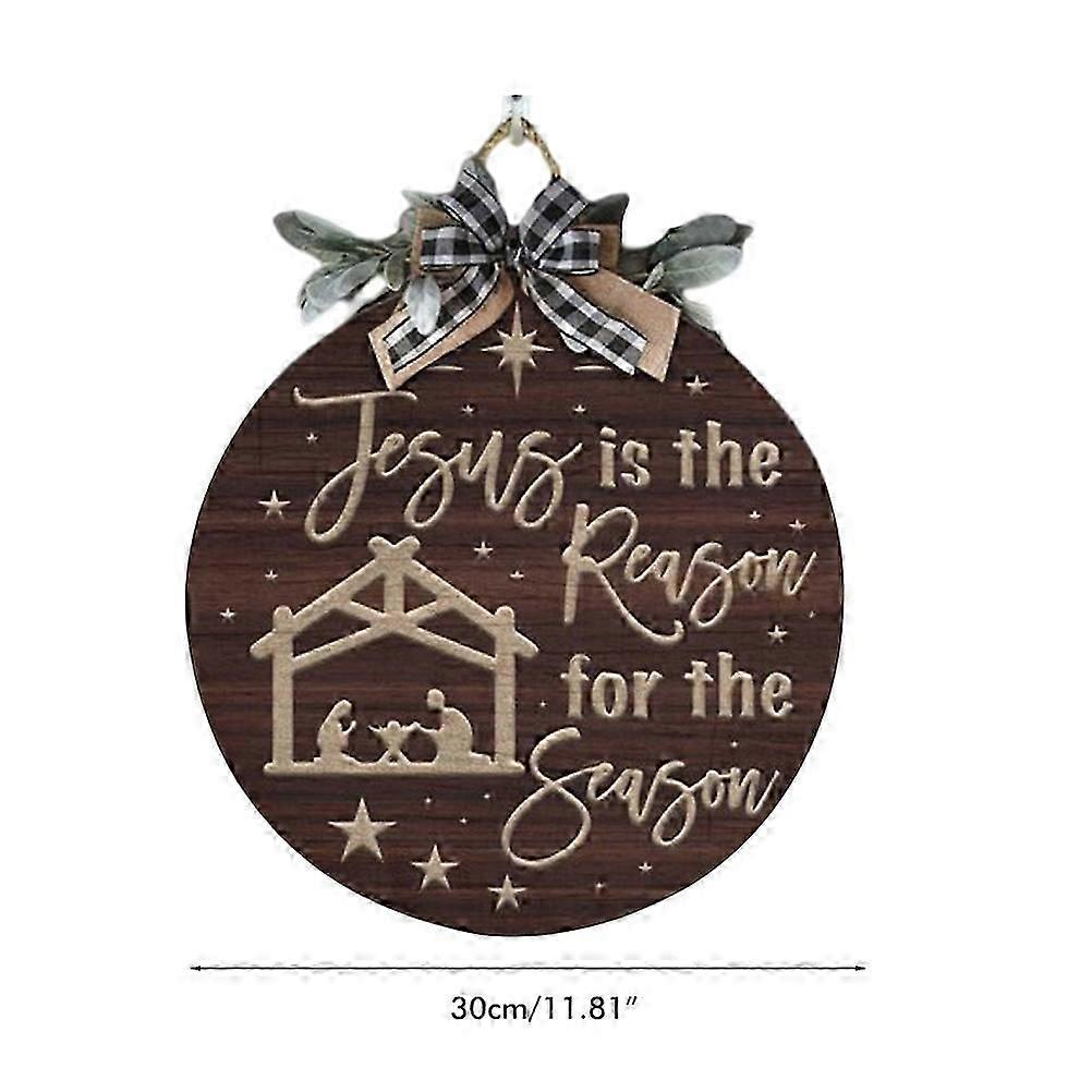 Christmas Door Hanger Sign Front Door Decoration Wood Round Wreaths with Bowknot Decor for Wall Outdoor Holiday