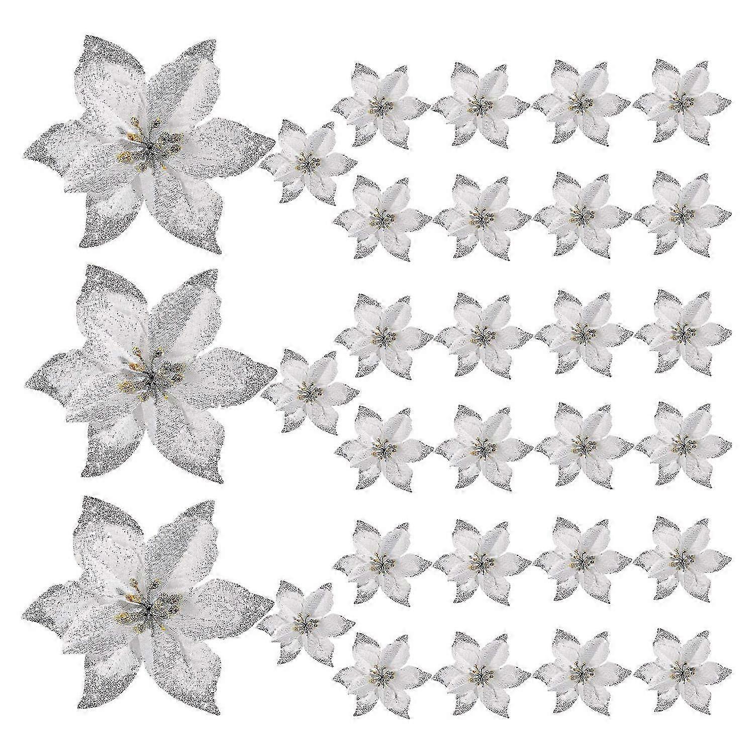 50 Pack Glitter Poinsettia Ornaments Artificial Silk Flowers Decor Wreath Garland Holiday (Silver)
