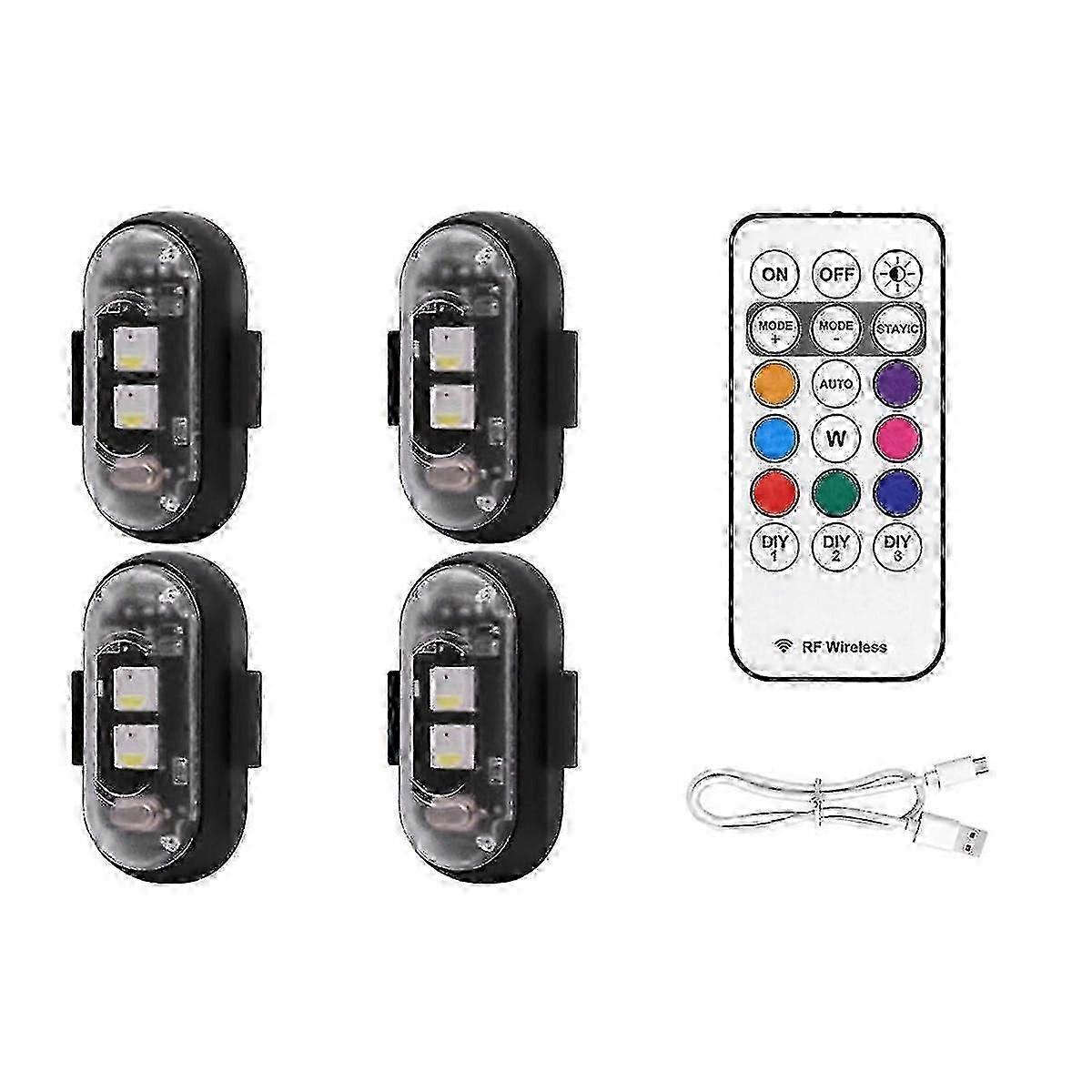 USB-lading Vanntett 4 stk trådløse LED-strobelys med fjernkontroll, 8 farger for nødvarsling