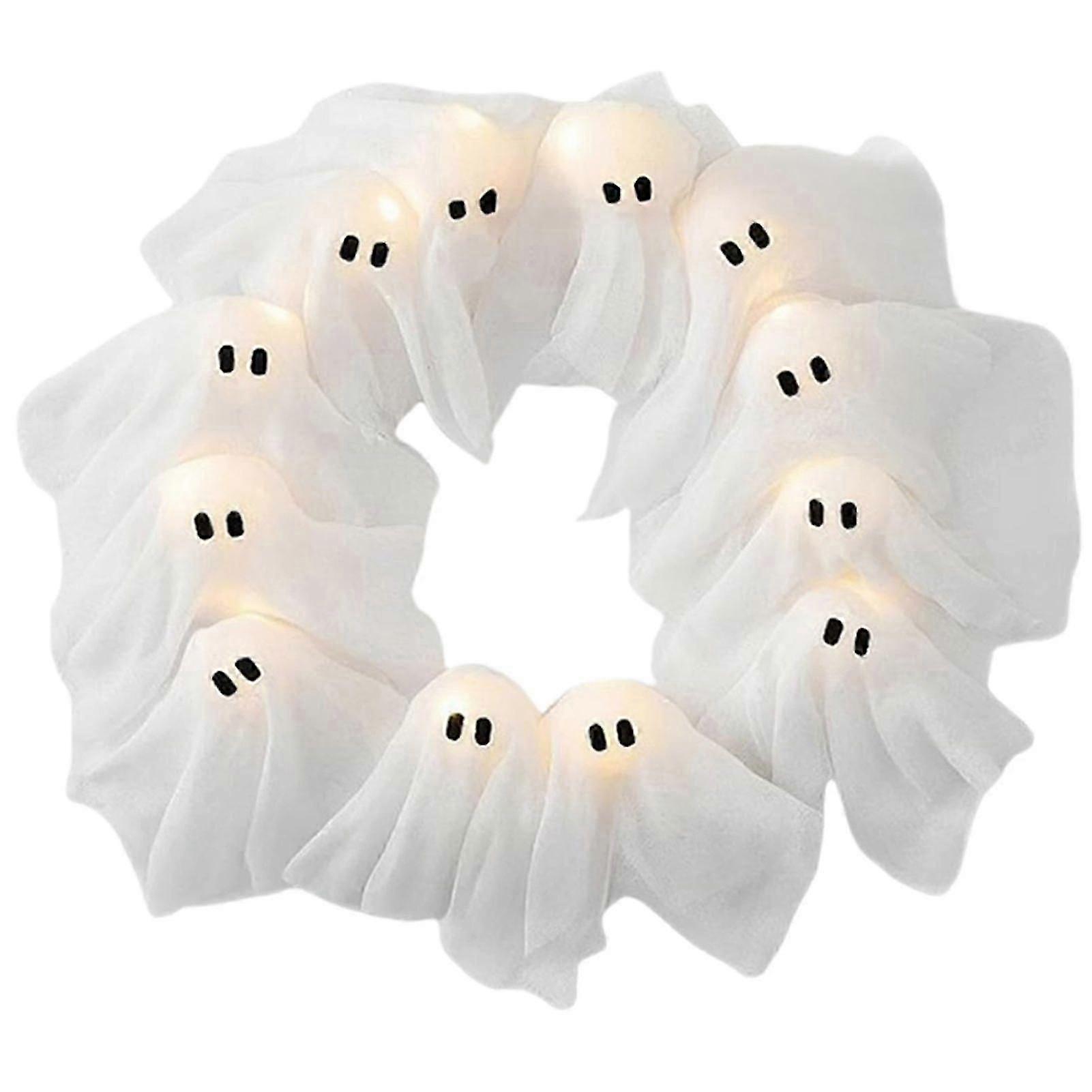 porch ghost wreath with LED lights for halloween