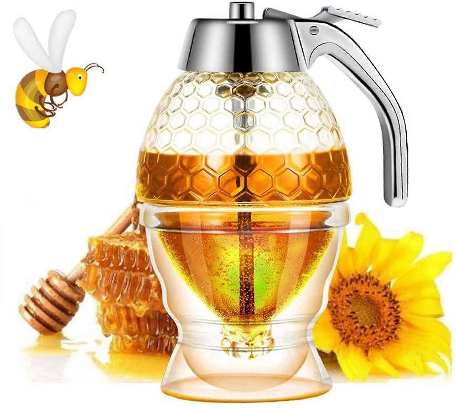 Honey Dispenser No Drip- Maple Syrup Dispenser- Beautiful Honey Comb Shaped Honey Pot - Honey Jar with Stand, Great Bee Decor