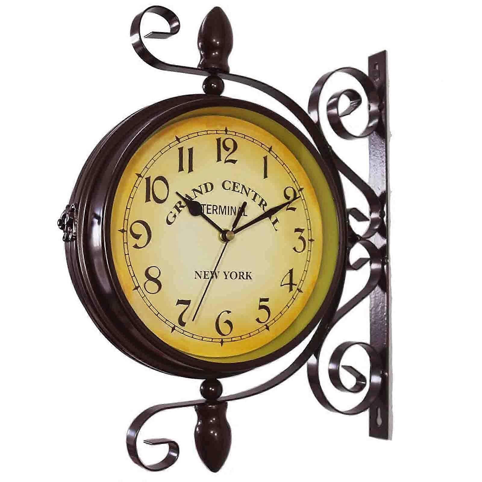 Outdoor Garden Wall Clock Classical 360 Degree Rotation DoubleSided Train Station Clock With Station Bracket