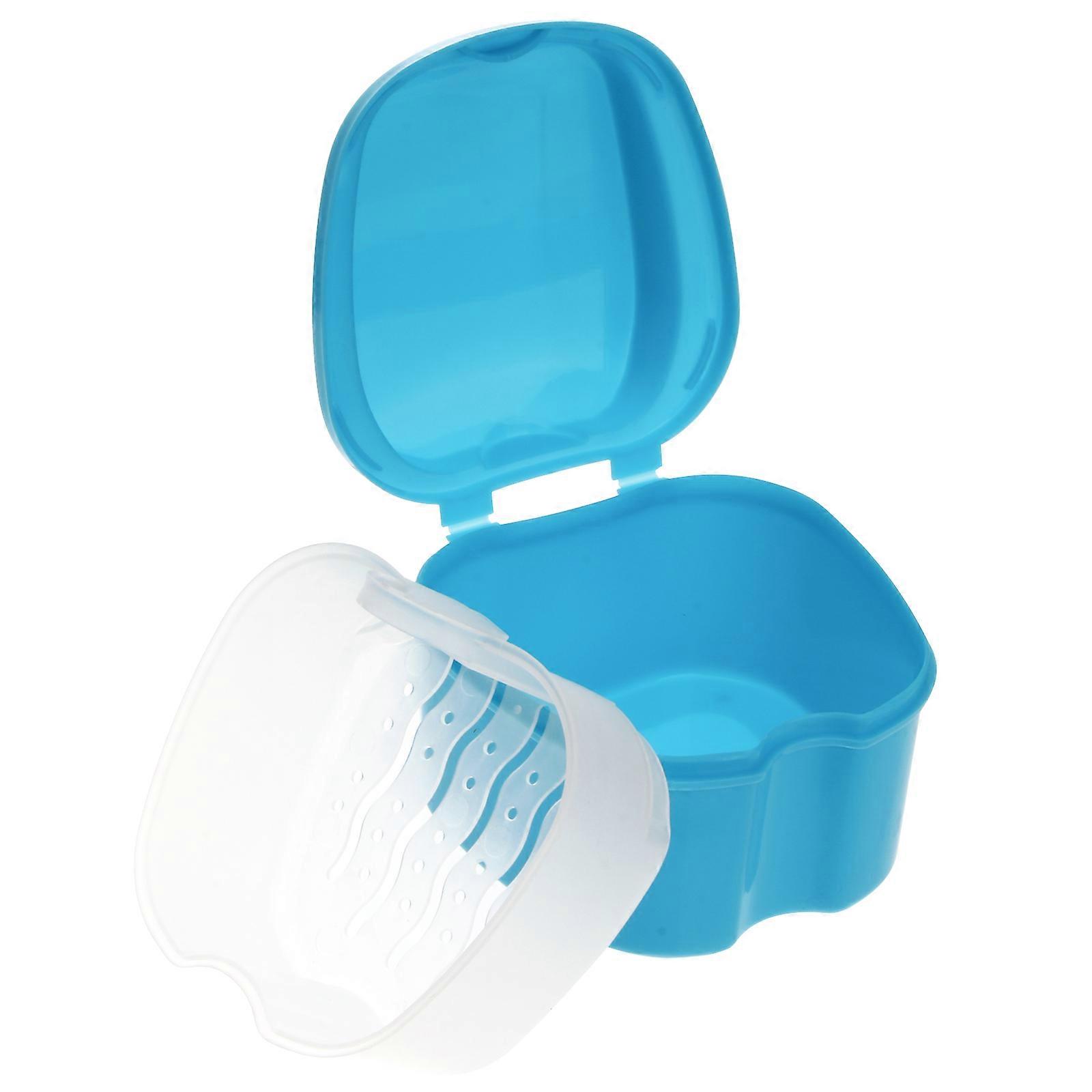 Blue Denture Storage Box with Hanging Net for Cleaning 3Pcs Set