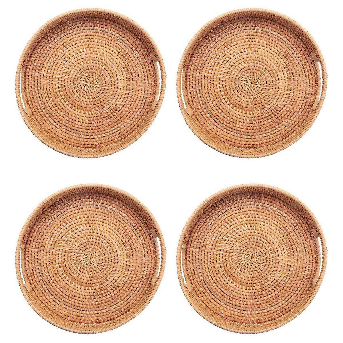 Round Rattan Woven Serving Tray with Handles Ottoman Tray