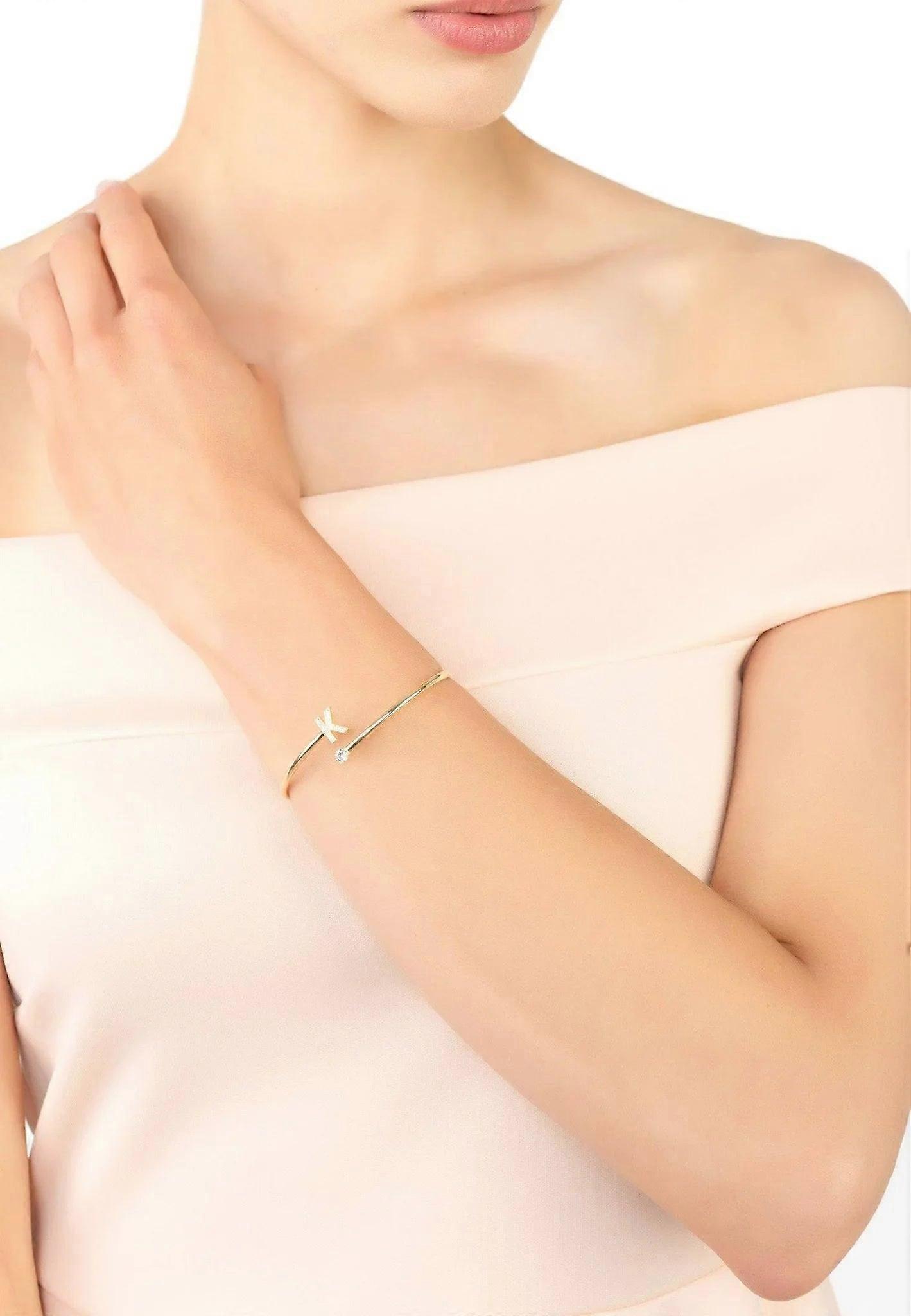 Latelita Women's 925 Sterling Silver Initial Bangle with 22ct Gold Plating and White Cubic Zirconia - Gold