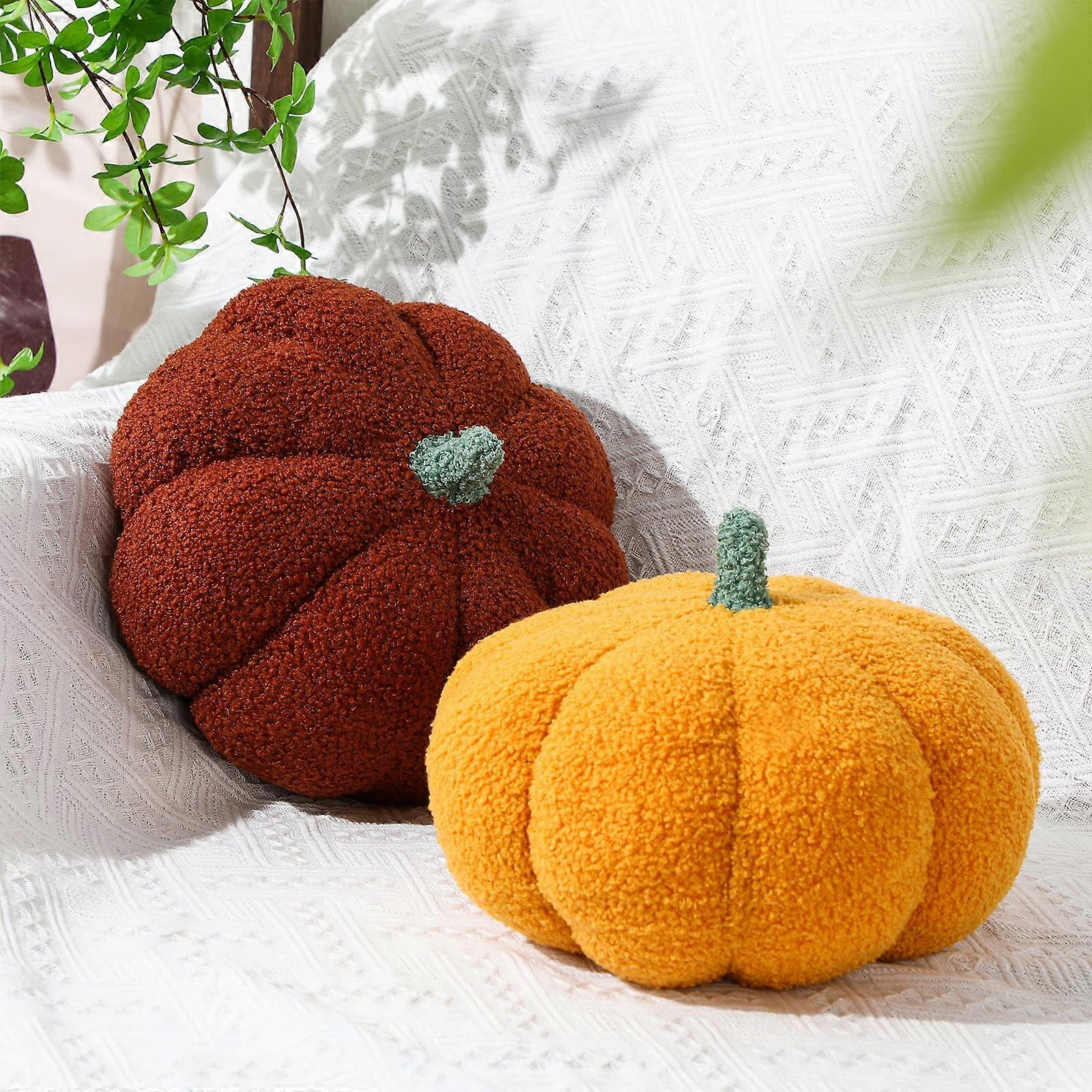 Pumpkin Throw Pillows Set of 2, Soft Plush Fall Harvest Cushions for Sofa and Bed, Yellow and Brown
