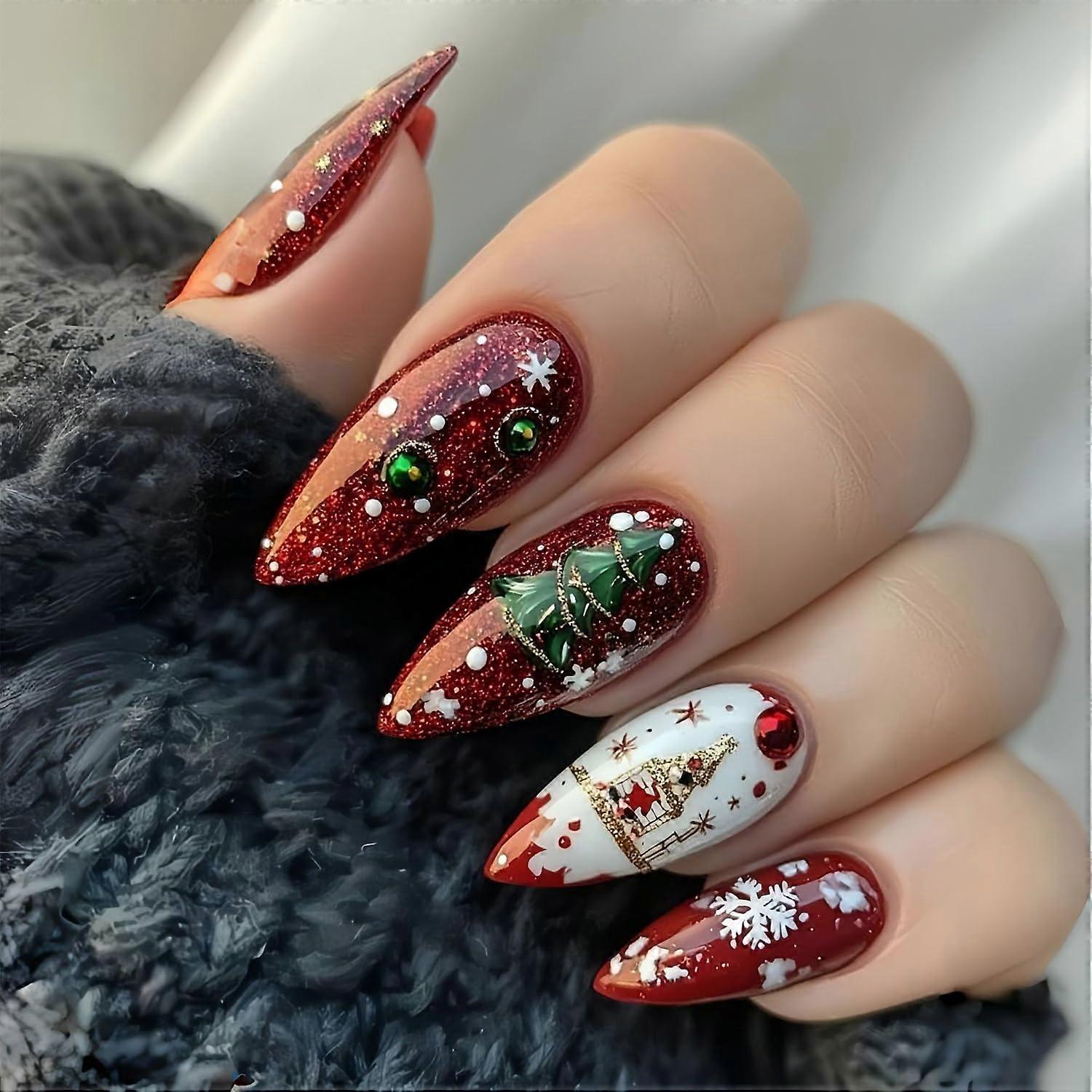 Christmas Press On Nails Almond Shape with 3D Snowflake and Rhinestones, Reusable Full Cover Tips