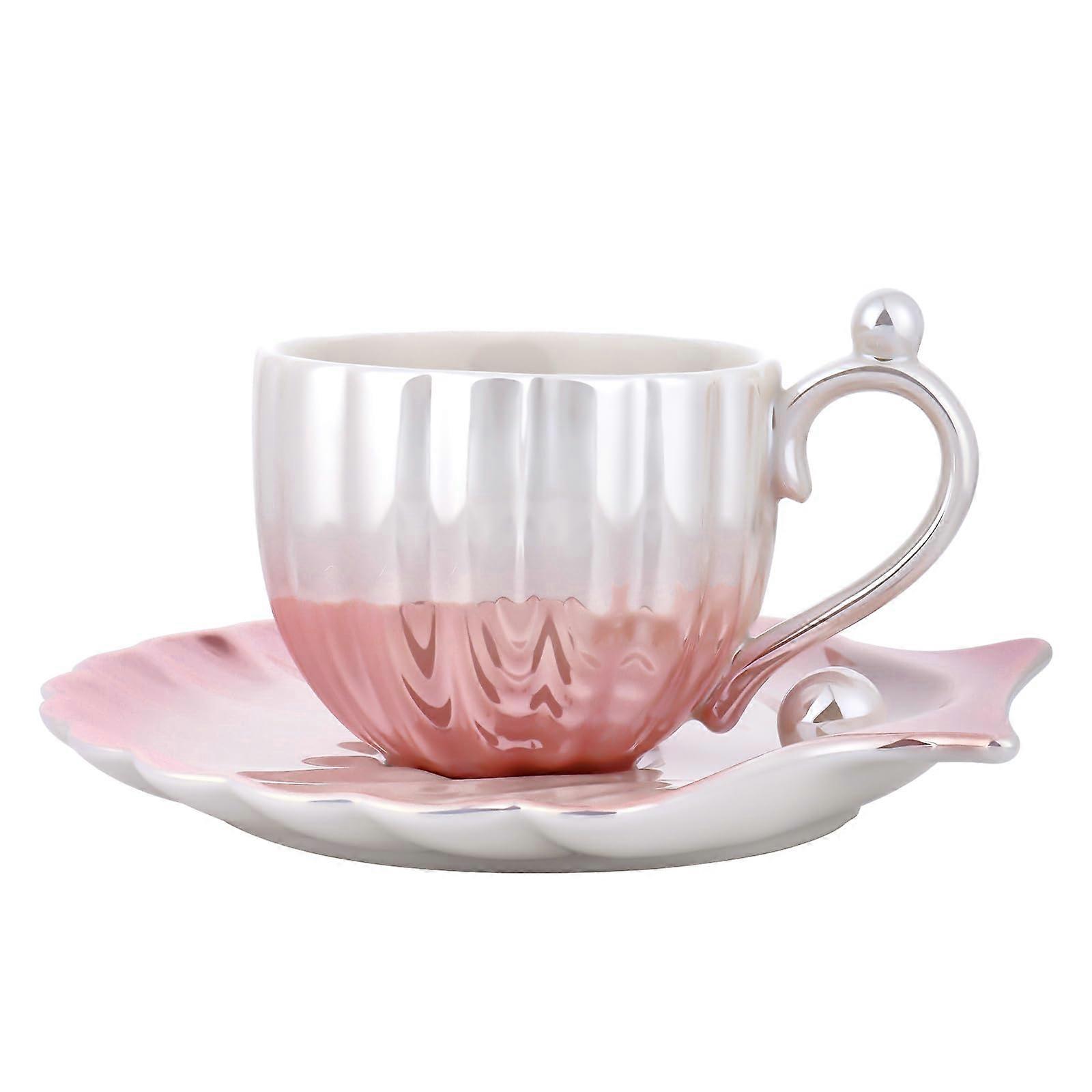 Ceramic Coffee Cup and Saucer Set with Elegant Pearl Shell Design, Gradient Pink Porcelain Tea Cup