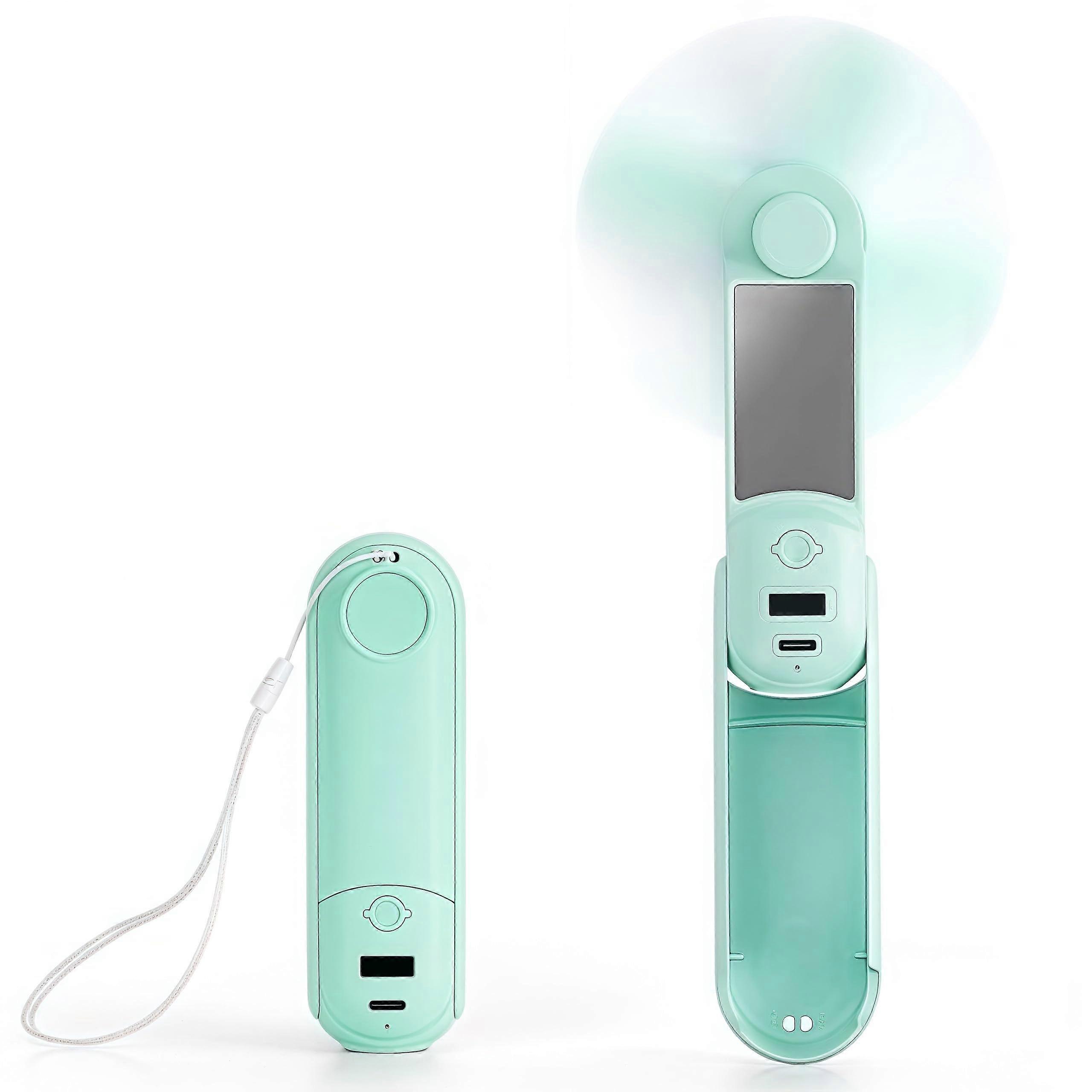 5in1 Portable Handheld Fan with Mirror, Flashlight, Phone Stand, USB Rechargeable, Green
