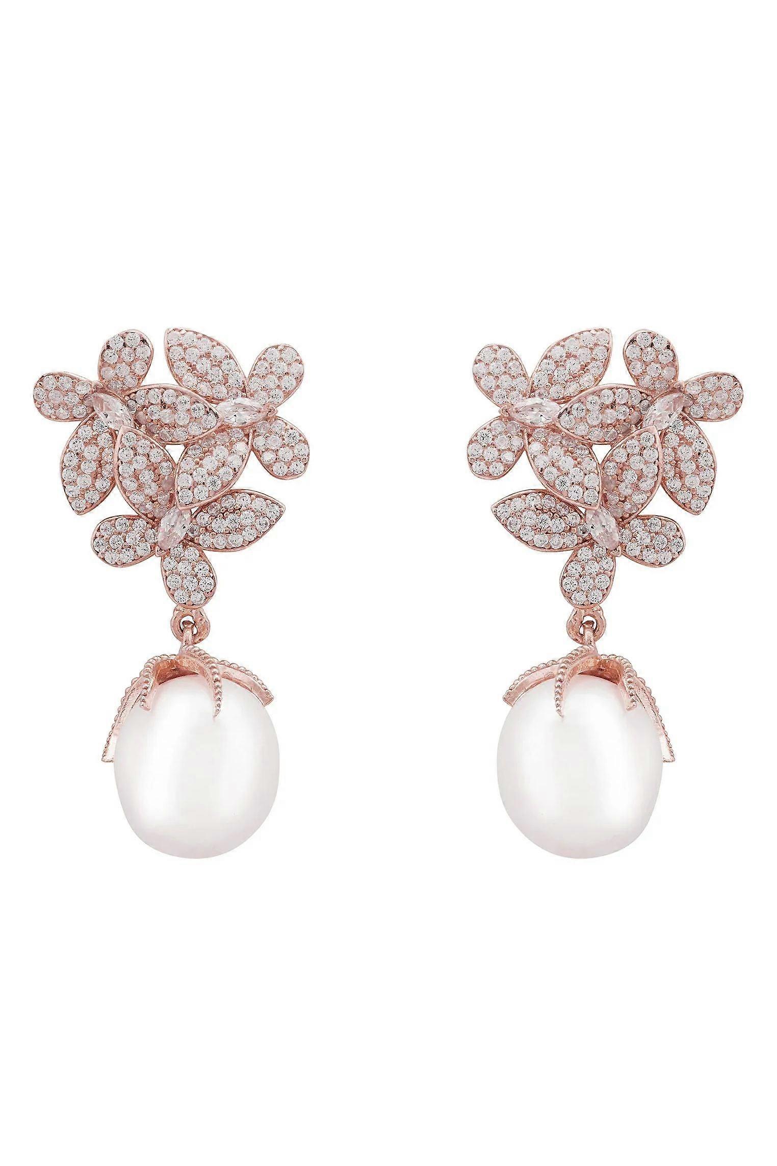 Latelita Rosegold White Flowers Pearl Earrings - 3.5cm x 1.9cm - Female - Cubic Zirconia and Pearl Design - 925 Sterling Silver
