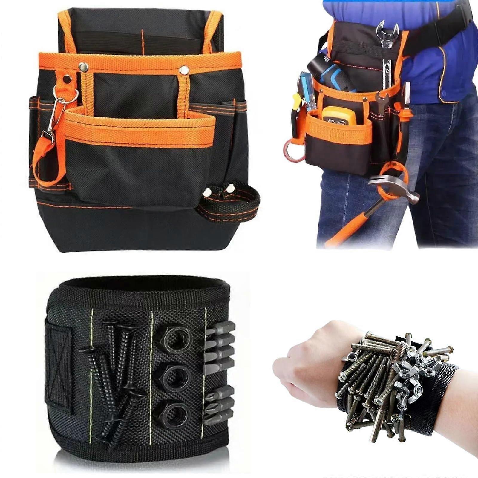 Electrician Tool Pouch and Adjustable Tool Belt with Multiple Pockets and Magnetic Wristband