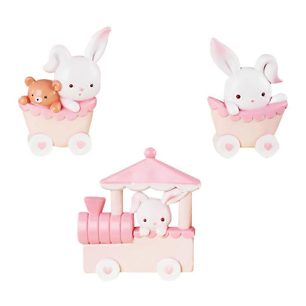 Small Rabbit Train Cake Topper for Decor 3Pcs Pink Resin Ornament