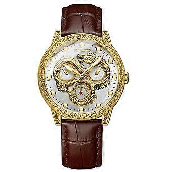 Waterdicht quartzhorloge met reliëf van een draak, lichtgevend, kleur: bruin leer - volledig goudkleurig - wit
