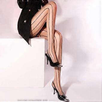 Women's Sexy Vintage Vertical Stripes Oil Flash Black Silk Stockings Stretchy Tights Pantyhose Open Crotch Stockings Underwear