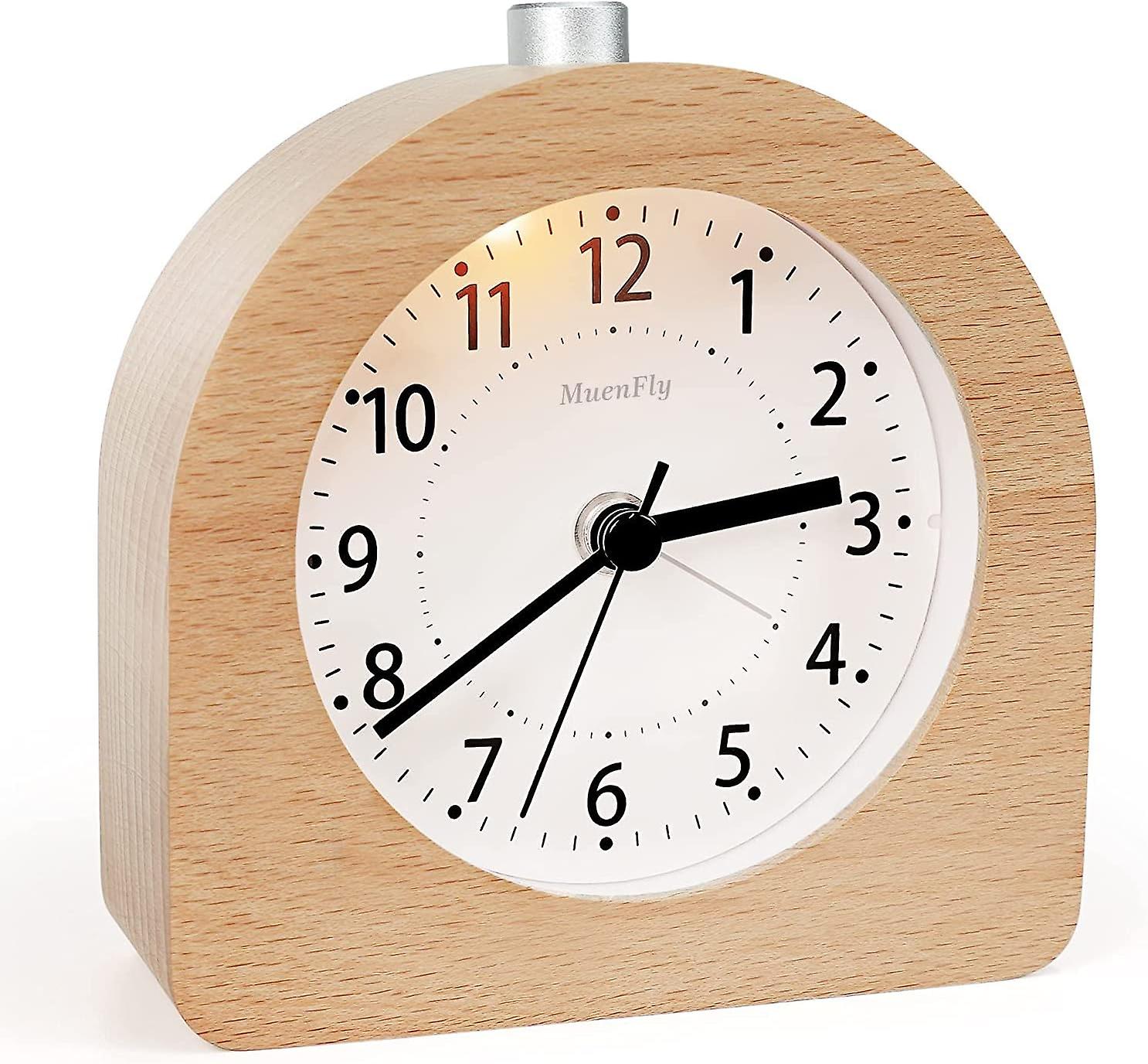 Analog alarm clock, non-ticking, wooden, snooze