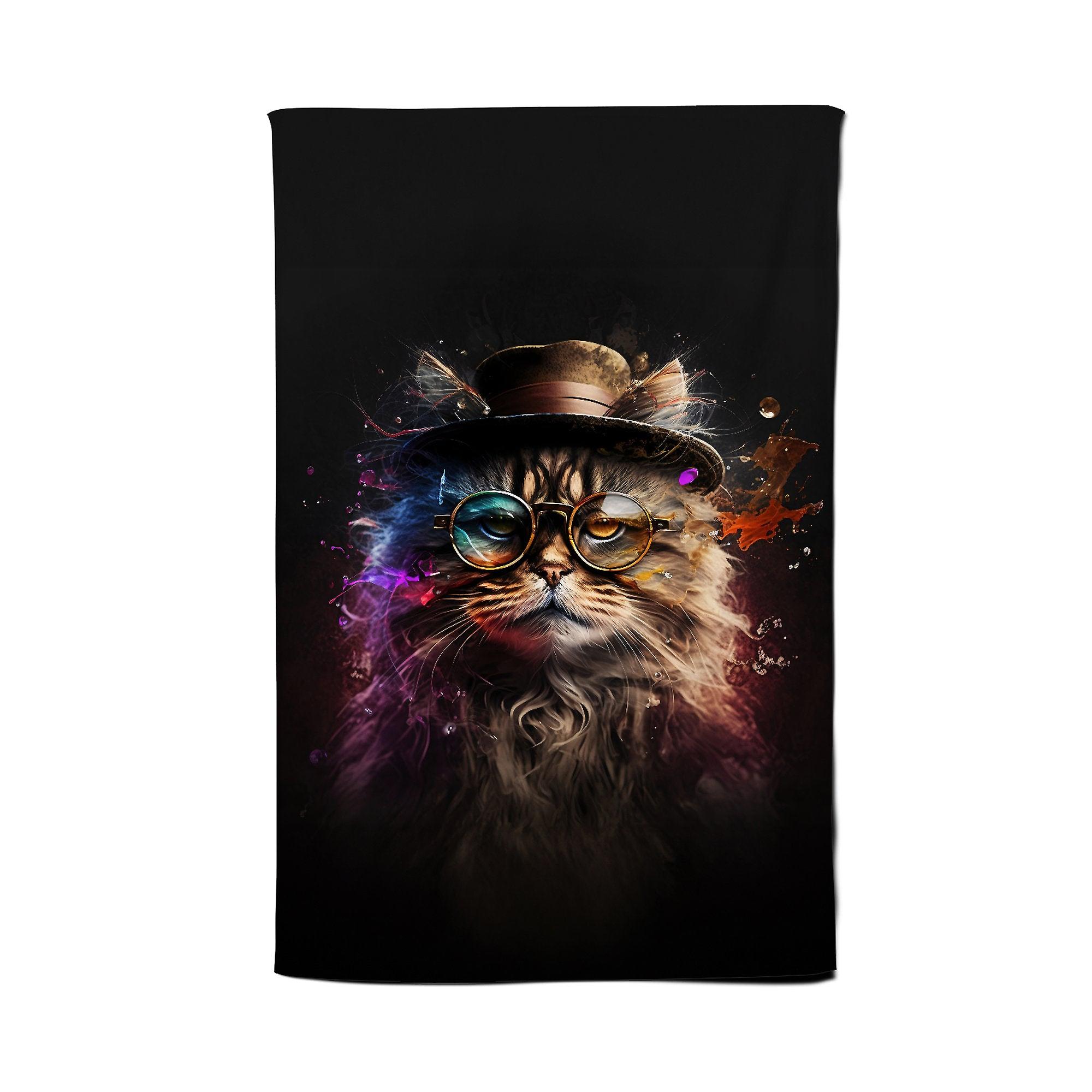 Siberian Cat With Glasses Splashart Tea Towel