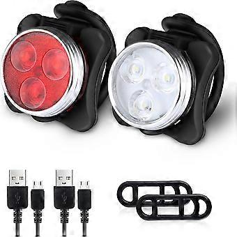 Luces de bicicleta recargables USB súper brillantes, 4 modos de brillo de luz y luz trasera, luces de bicicleta impermeables (2 cables, 4 correas)