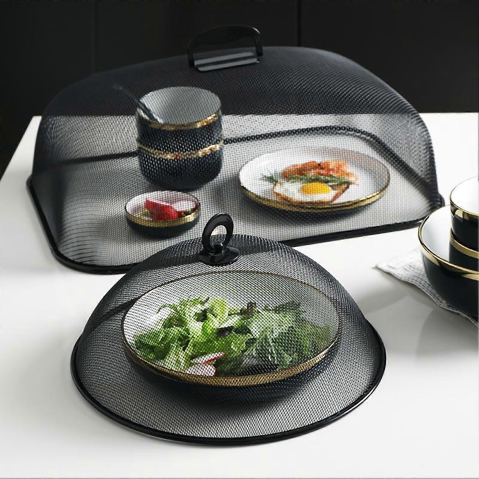 Food Cover Dense Mesh Design 180 Degree Rotatable Simple Iron Food Screen with Handle for Home Dining Room Black Rectangle Large