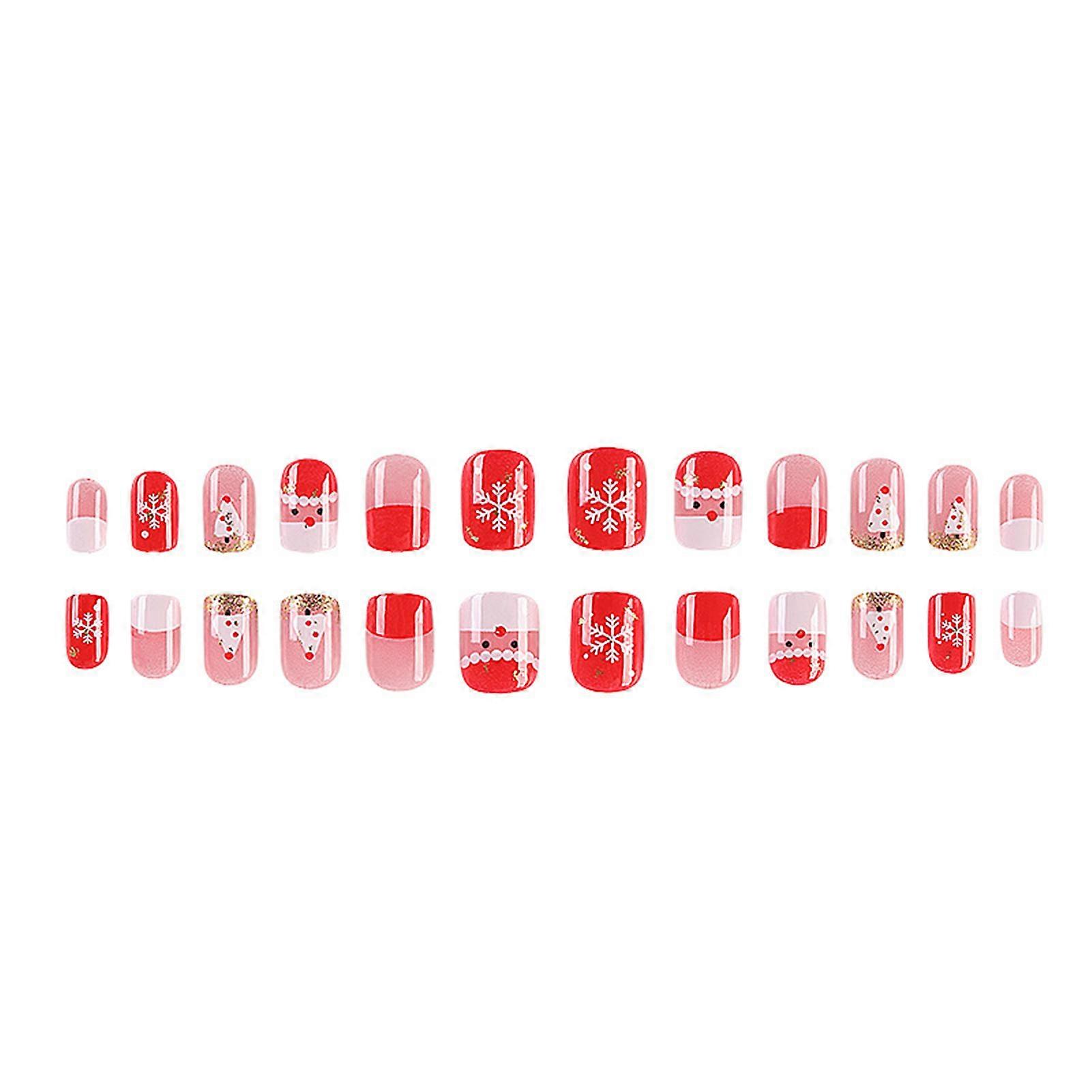 24Pcs/Set Set Christmas Wearable False Nails with Glue Lovely Snowflake Santa Claus Xmas Tree Design Nail Decoration Manicure Tips Full Cover Gel Fake