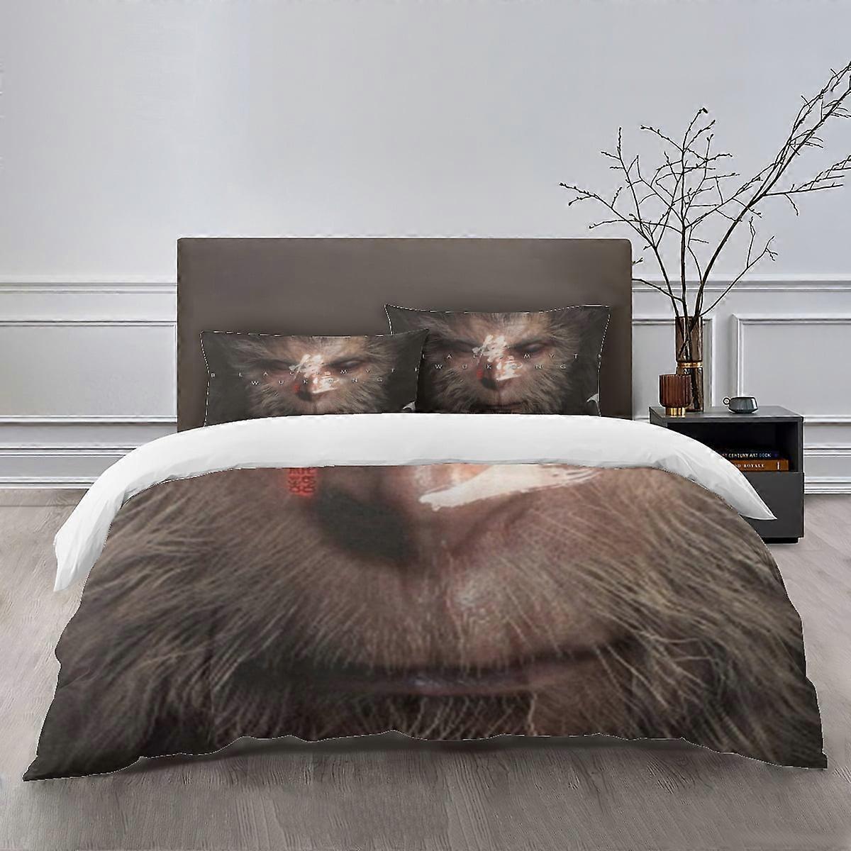 Lakan g1083 Black Myth: Wuko sängkläder set Bed Cartoon påslakan Lätta 3-delade insatsset för barn pojkar flickor (1 påslakan och 2 kuddar)