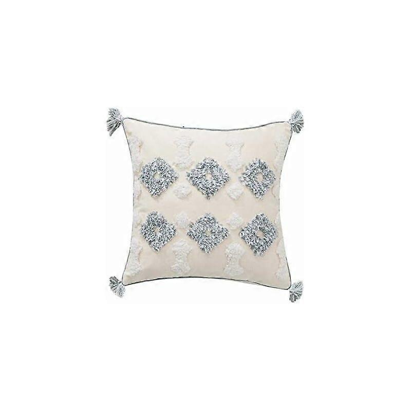 Housse de Coussin tisse Franges Style bohme -Blanc/Gris, Coton, Diamant.45x45cm