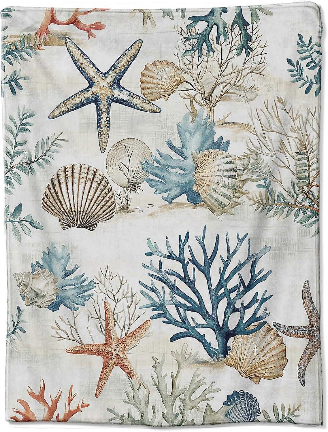 Manta de Flanela Ocean Coral com Conchas do Mar e Estrela do Mar, Design Costeiro Azul e Bege, 50x60 Polegadas