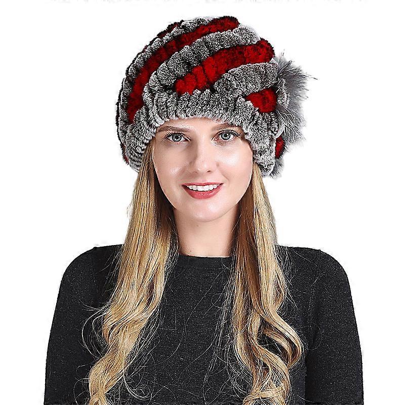 EVAGO Winter Women Fur Hat Natural Rex Rabbit Fox Fur Cap Female Fur Headwear Elastic Hat Warm Beanies Caps With Fox Fur Flower on the side