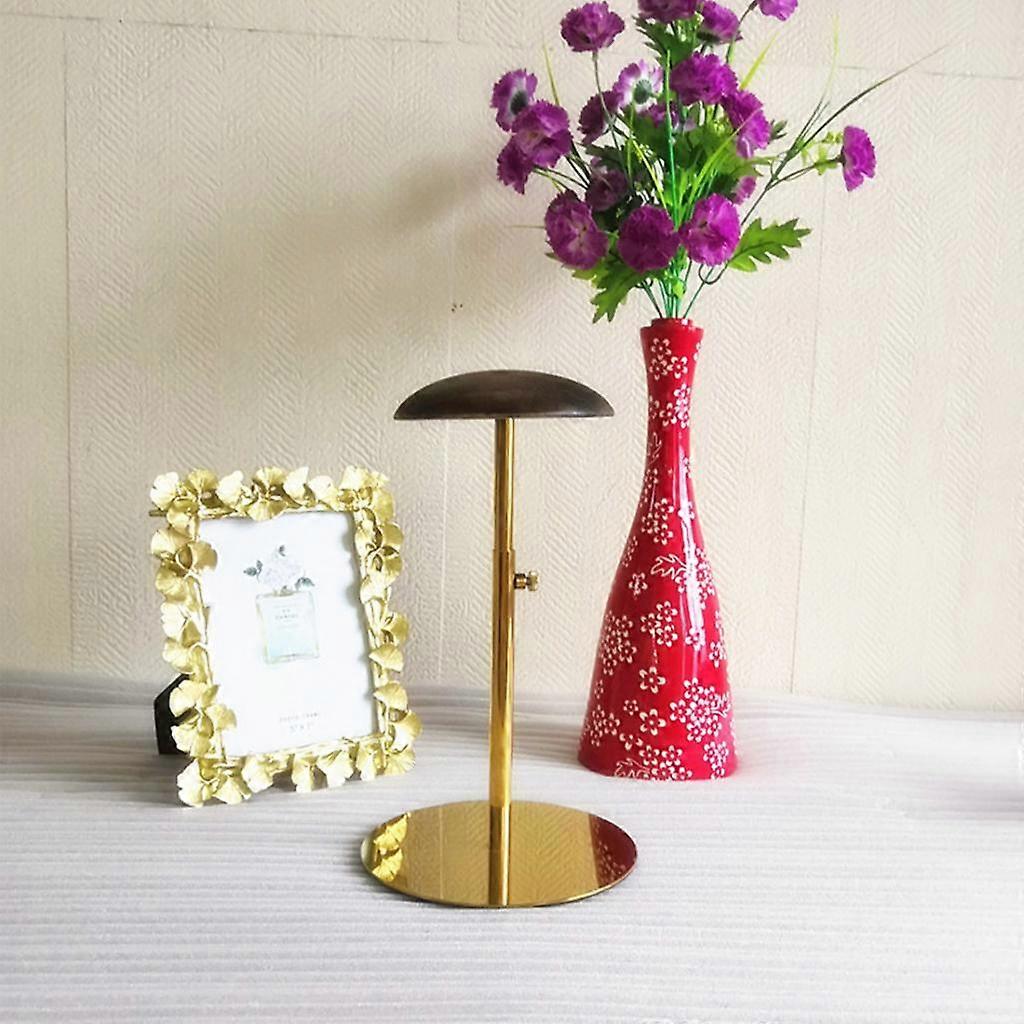 Metal Hats/Caps /Wigs Rack Holder with Wood Top, Free Standing Display Stand, 20-40cm Adjustable Height , Dark Brown, 12cm