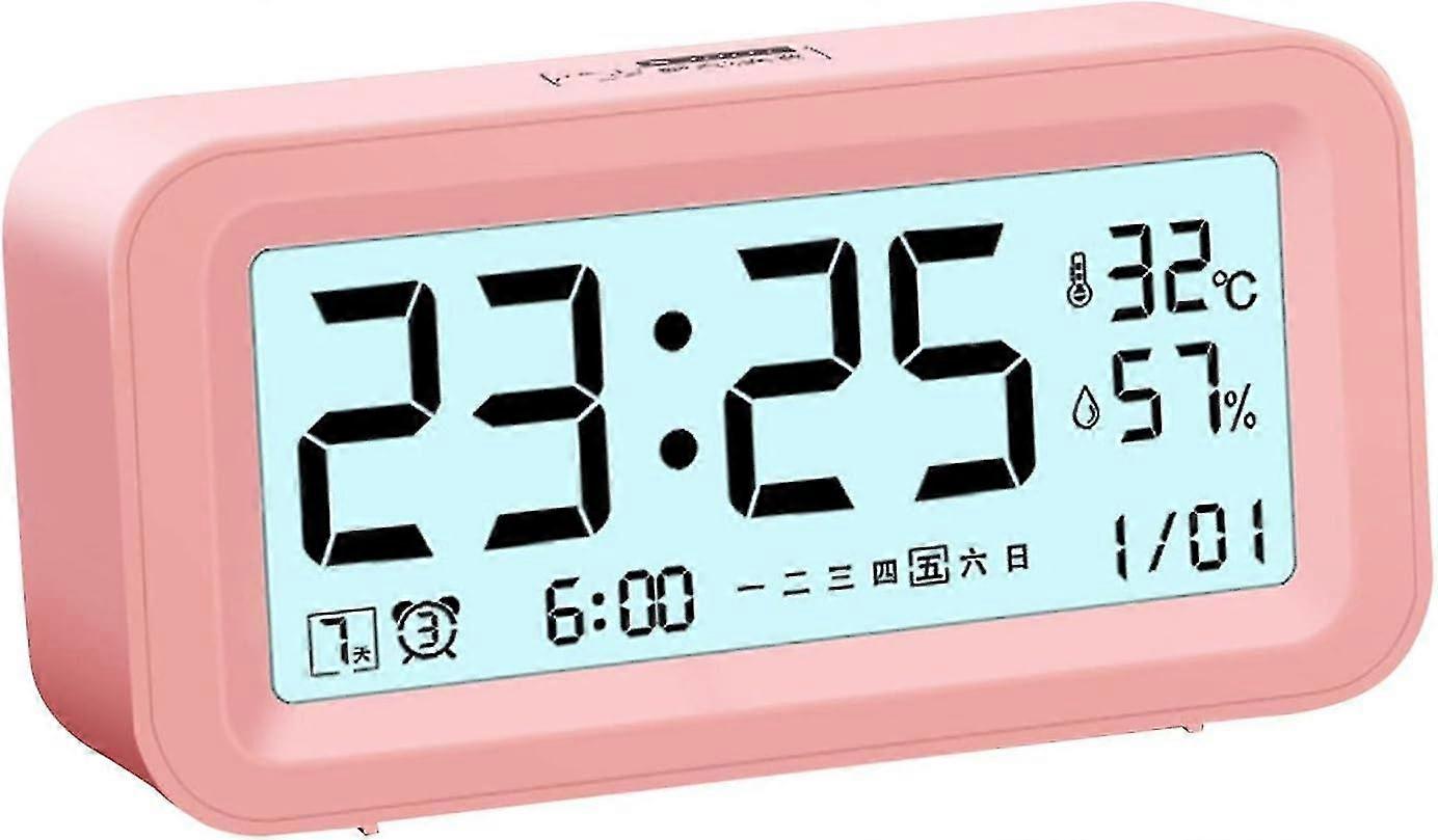 Digital Clock With Snooze With Temperature Humidity Date Intelligent Luminous Adjustable Volume Brightness For Desk Office Travel Home, Pink