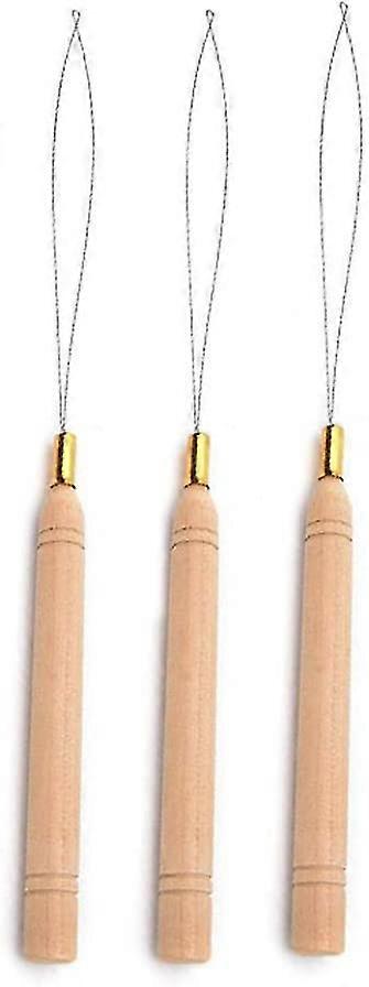 Hair Extension Loop Needle Threader Pulling Hook Tool And Bead Device Tool For Hair Or Feather Extensions - Wooden And Stainless Steel3pcs