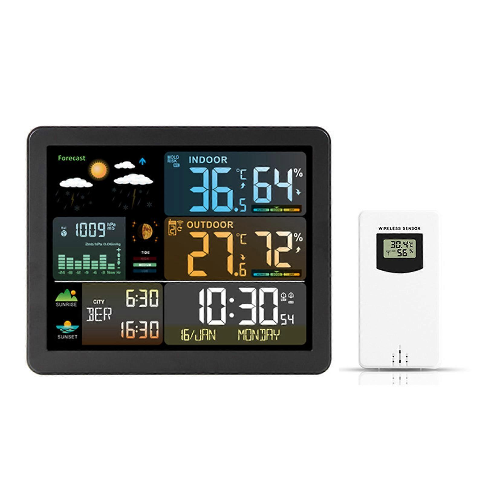 Weather Station Wireless Indoor Outdoor Thermometer Clock, Color Display Digital Weather Temperature Humidity Monitor Gauge 200 Feet Transmission
