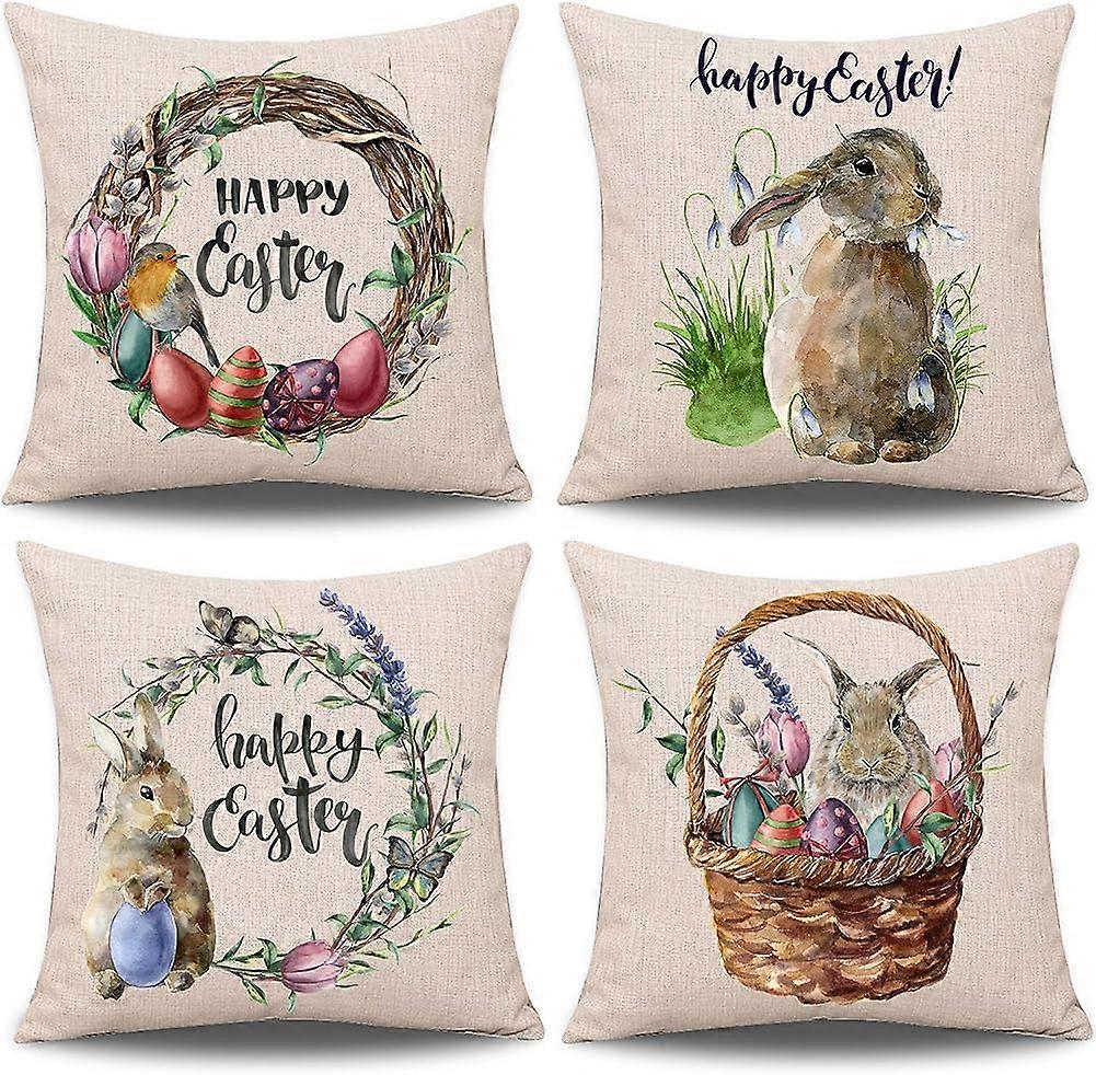 4 Pieces Easter Pillow Case Rabbit Bunnies with Eggs Pillow Cover, Spring